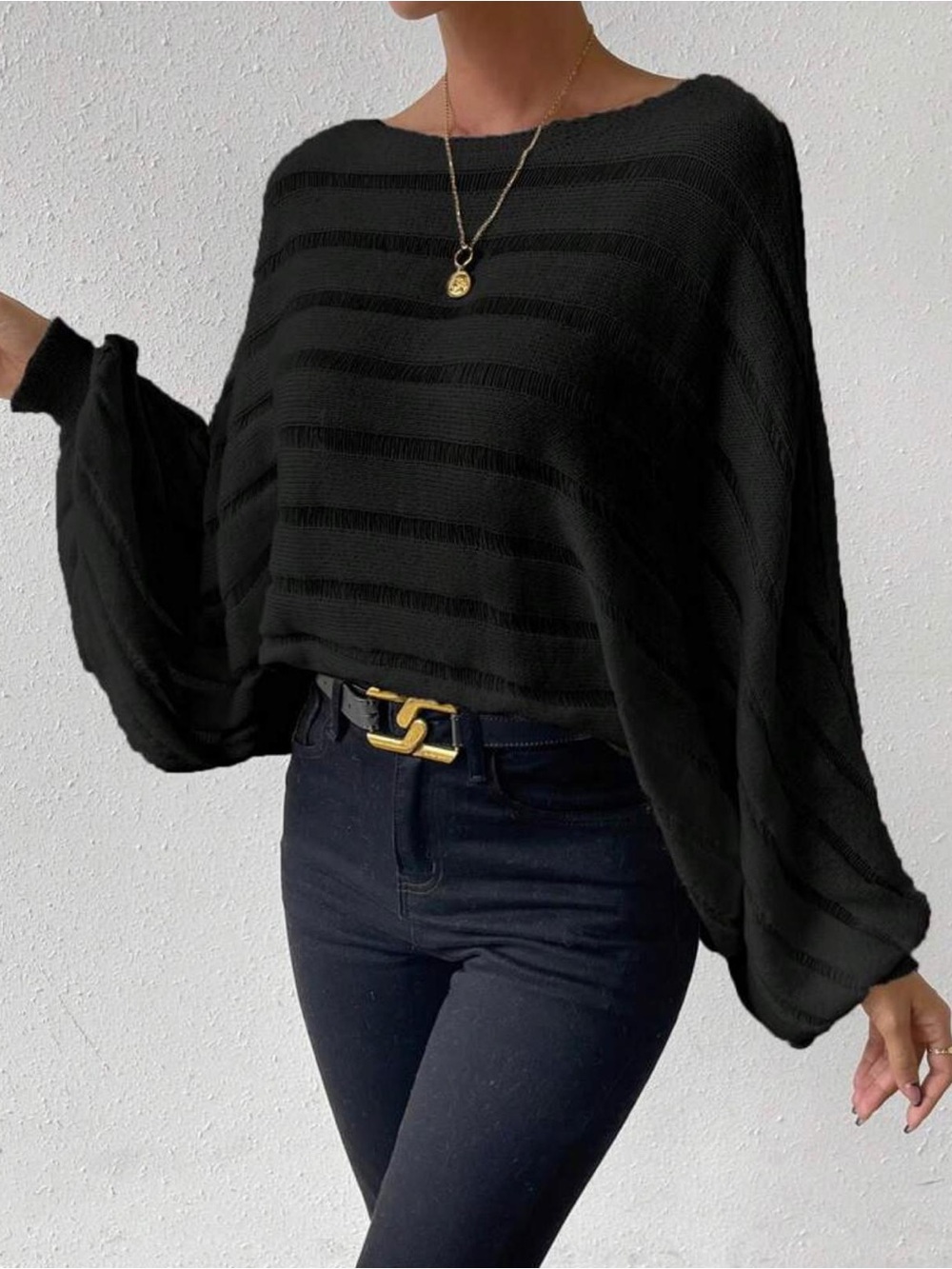 SHEIN Black Batwing Long Sleeve Striped Sweater